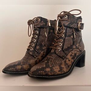 Joie faux snakeskin leather brown and black lace up block heel booties 7 1/2